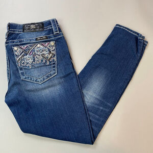 Miss Me Ankle Skinny Jeans 28 Blue Pink Embroidery Thick Stitch